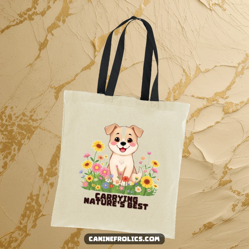 Funny Dog Tote Bag: A smiling dog character enjoying the beauty of colorful wildflowers, bringing peace and joy.