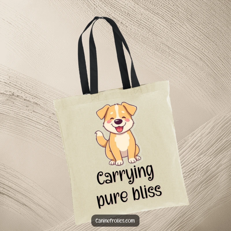 Funny tote bag featuring art of a dog whose tail wagging results in its whole body shaking with pure, unadulterated happiness.