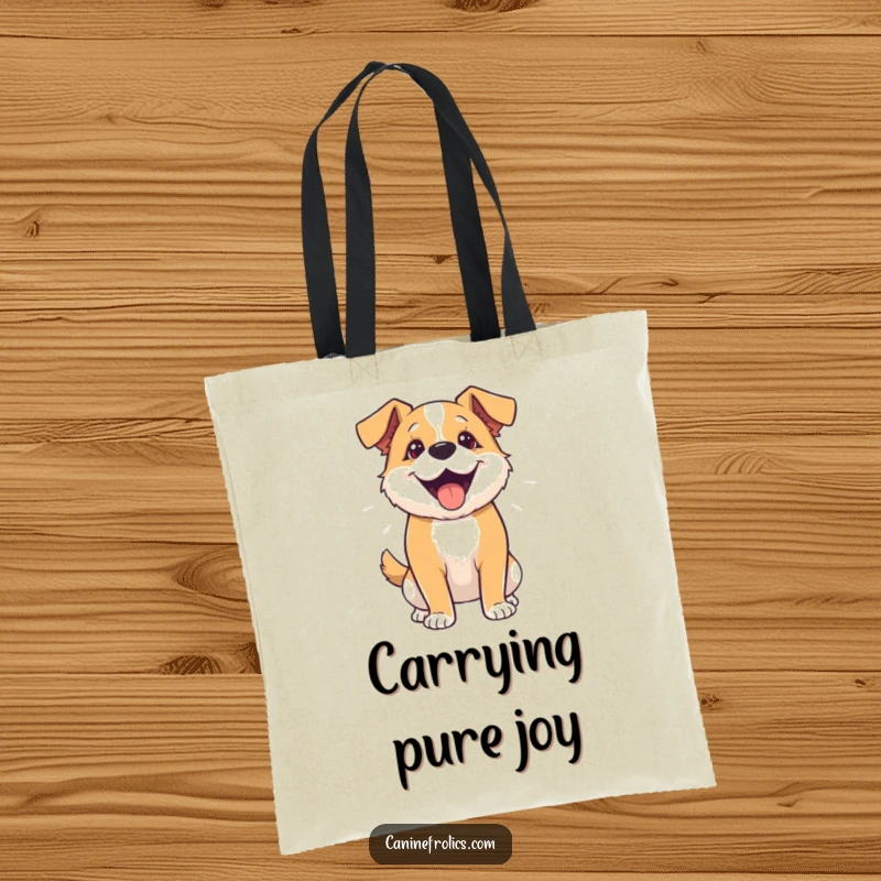 Funny tote bag illustrating a dog's entire body shaking with enthusiastic wagging, a symbol of pure doggy delight.