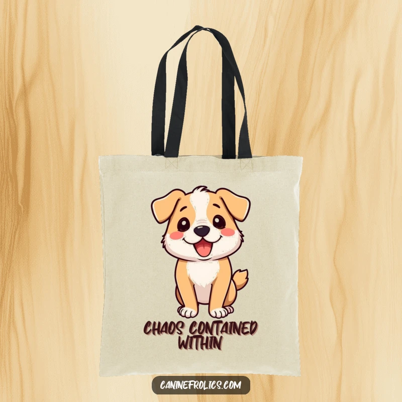 Funny dog tote bag illustrating a dog doing a happy, energetic zoomie spin, a whirlwind of fun.