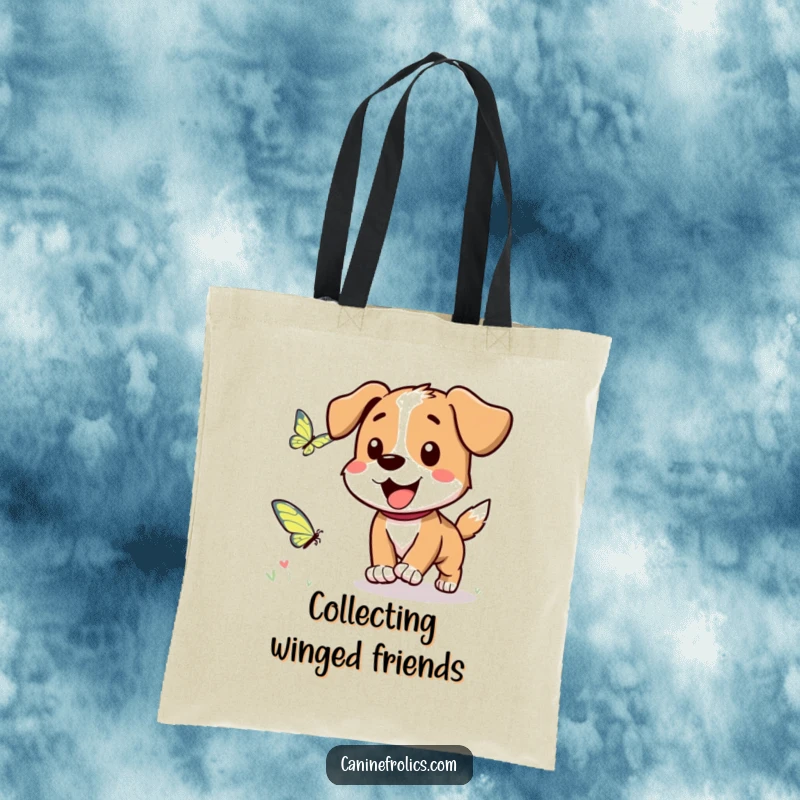Funny Dog Tote Bag: A happy dog character eagerly chasing a fluttering butterfly, symbolizing playful outdoor pursuits.