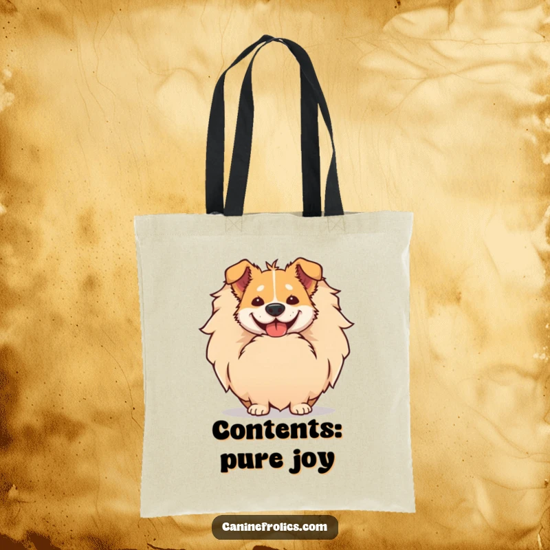 Funny tote bag featuring a dog's huge, comical smile peeking out from behind its giant, fluffy tail, radiating happiness.