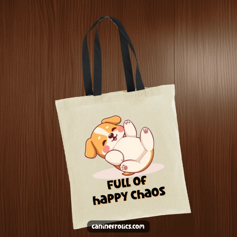 Funny Tote Bag: A dog is shown rolling on its back, paws batting the air in a moment of pure, uninhibited, and hilarious bliss.