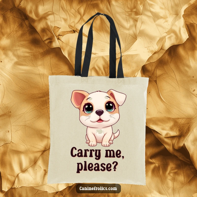 Funny tote bag illustrating a dog with huge, innocent eyes looking up with pure, infectious excitement.