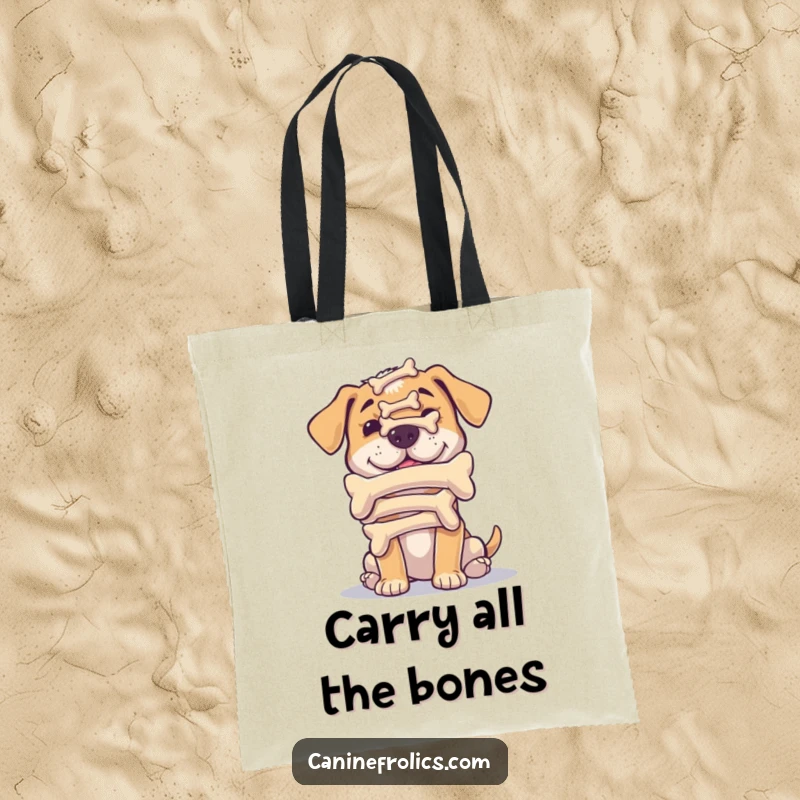 Funny tote bag depicting a dog humorously trying to balance a stack of bones on its nose, showcasing a funny trick.