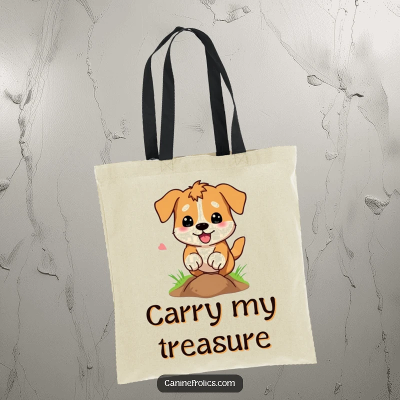 Funny Dog Tote Bag: A dog energetically digging a hole, paws a blur of motion, embodying enthusiastic exploration and playful excavation.
