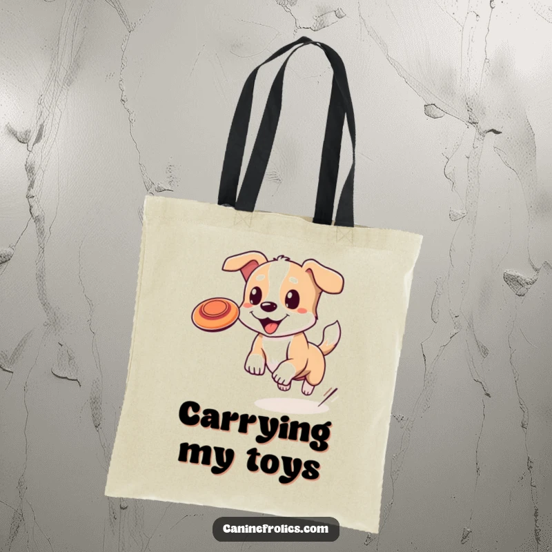 Funny dog tote bag illustrating a cute dog with a wagging tail leaping high to catch a frisbee, showcasing energetic outdoor fun.