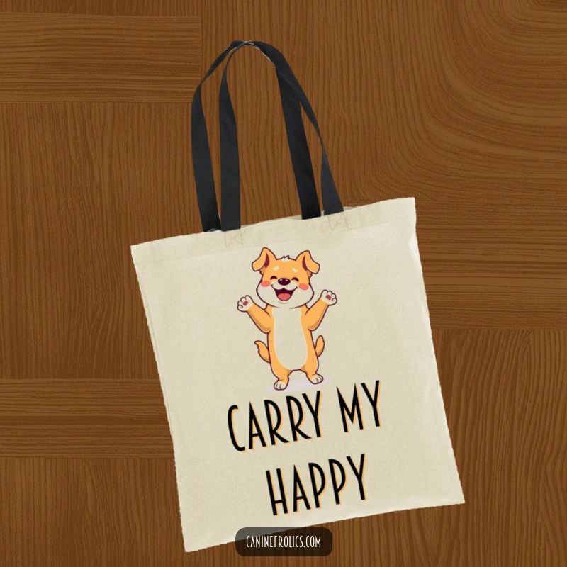 Funny Dog Tote Bag: A dog excitedly performing a happy dance on its back legs, paws in the air, showcasing pure, uninhibited delight and movement.