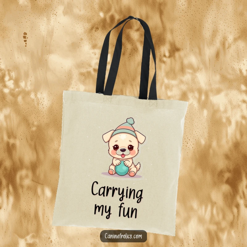 Funny dog tote bag with a dog in a miniature hat, joyfully playing with a squeaky toy, perfect for carrying daily items.