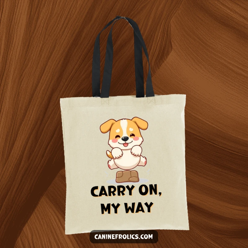 Funny tote bag with an illustration of a dog leaping dynamically over a small obstacle, hands (paws) extended, symbolizing energetic fun.