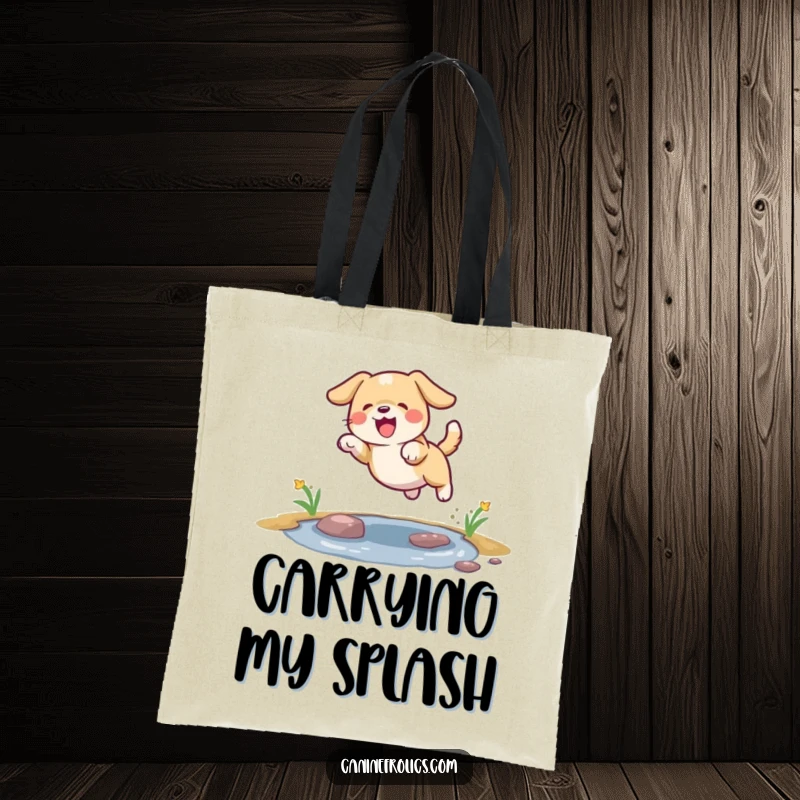 Funny dog tote bag illustrating a dog jumping with excitement over a small puddle.