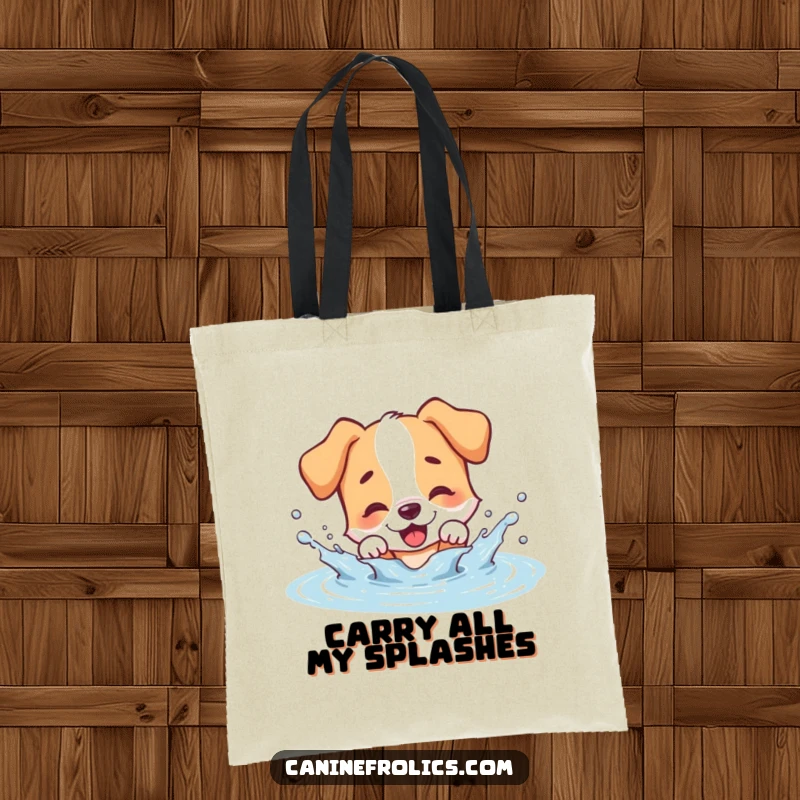 Funny dog tote bag, a joyful dog character excitedly splashing water from a puddle, perfect for carrying essentials.