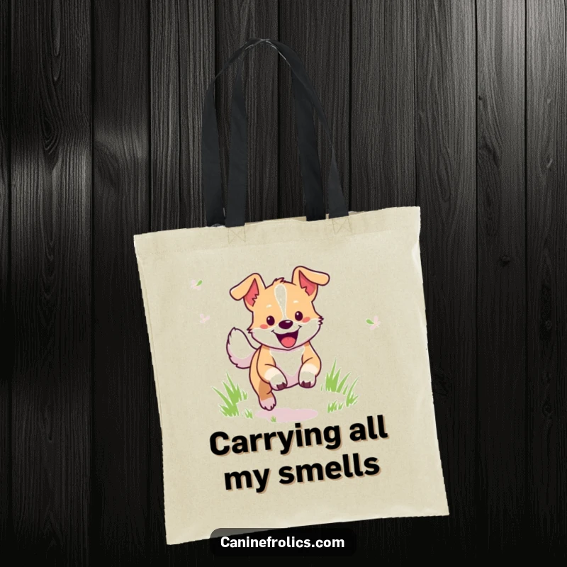 Funny Dog Tote Bag: Cheerful dog character in joyful motion, bounding through a picturesque grassy field, ready for anything.