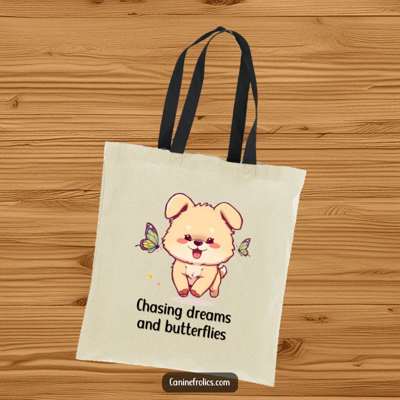 Funny Dog Tote Bag: A fluffy dog with ears flopping joyfully chases a butterfly, perfect for carrying books, groceries, or puppy treats.