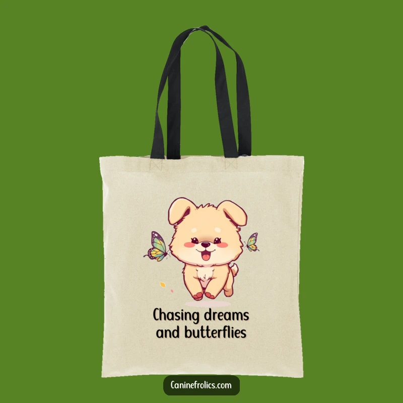 Funny Dog Tote Bag: Fluffy Pup Butterfly Chase - Stylish & Hilarious Accessory