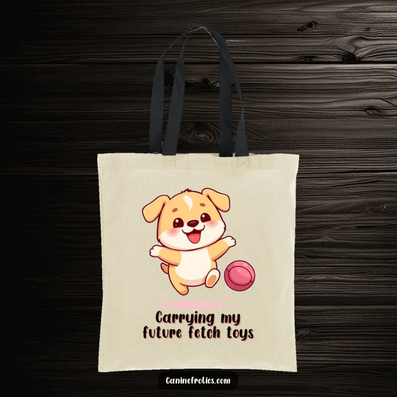 Funny Dog Tote Bag: A small, round dog with a wide smile joyfully leaps towards a bouncing ball, perfect for carrying groceries or goodies.