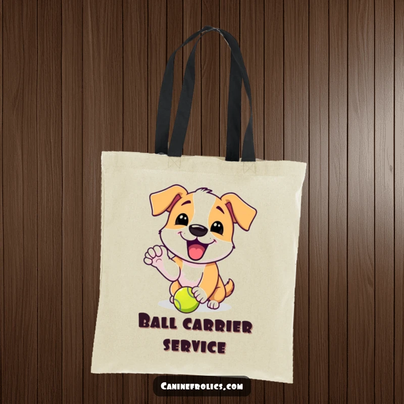 Funny tote bag illustrating a dog character's excited yip as it playfully nudges a tennis ball, ready for action.