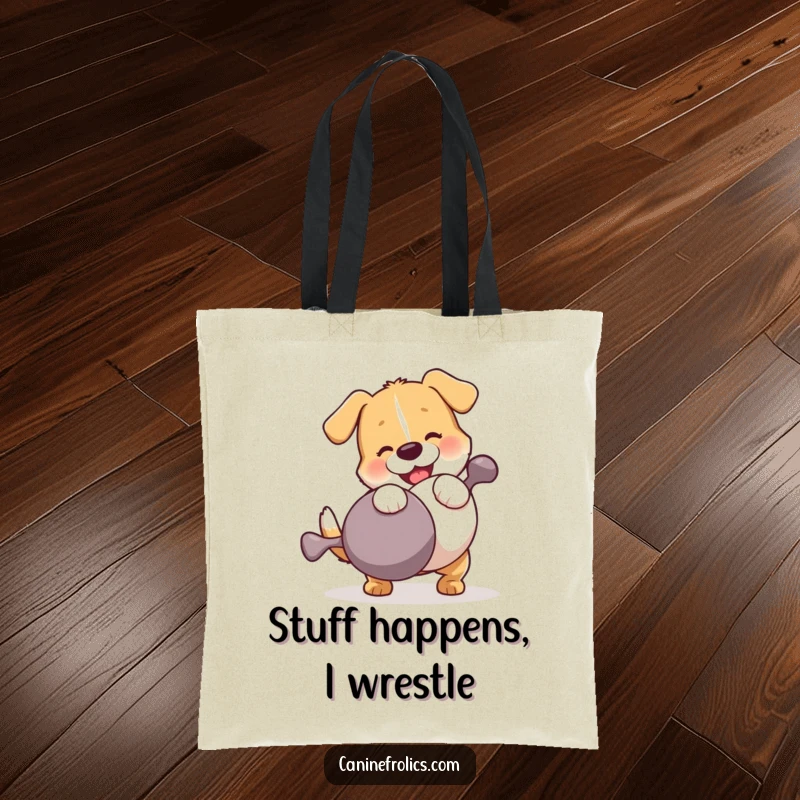 Funny Dog Tote Bag: A dog hilariously wrestling with an impressively large squeaky toy, embodying a spirit of playful struggle and comedic energy.
