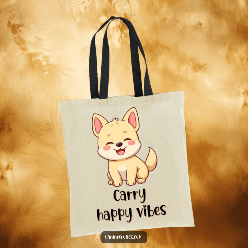 Funny tote bag illustrating a cheerful dog character with an enthusiastically wagging tail, perfect for carrying daily essentials with joy.