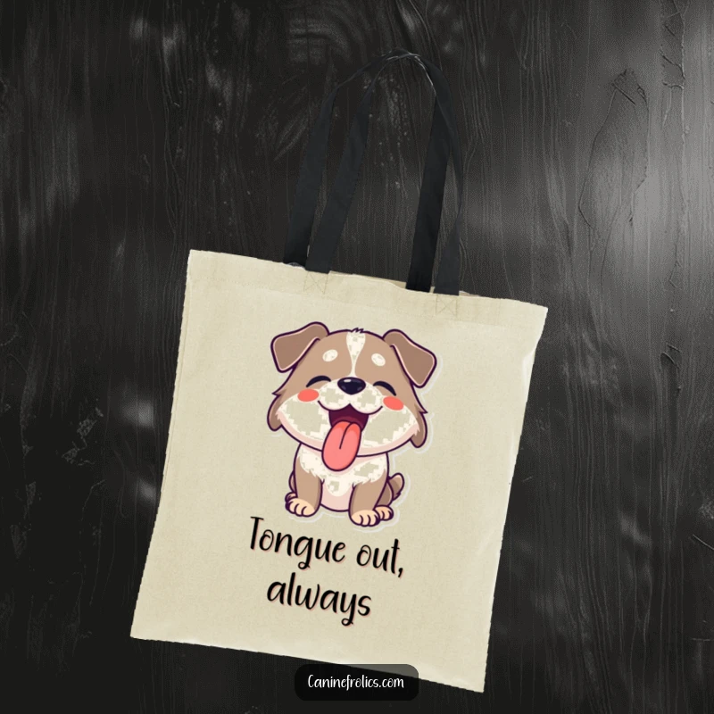 Funny tote bag showcasing a happy dog with its tongue out, panting with pure exuberance, ready for any outing.