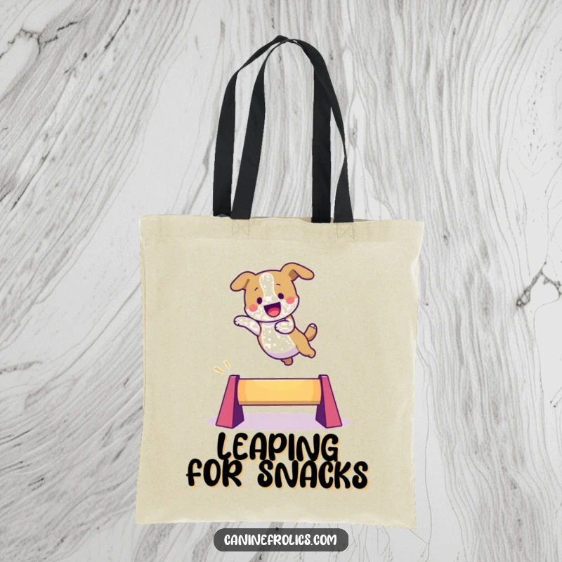 Funny dog tote bag illustrating an excited character leaping over a small, colorful obstacle, symbolizing progress and playful achievement.