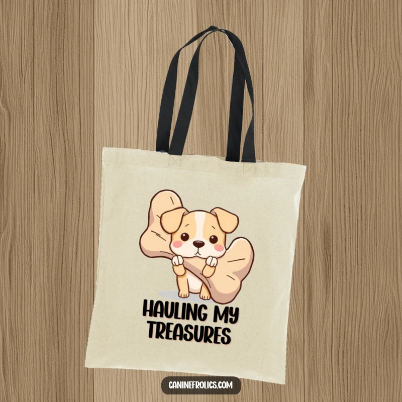 Funny dog tote bag showing a character peeking from behind an oversized bone, ideal for carrying belongings with a playful, secretive vibe.
