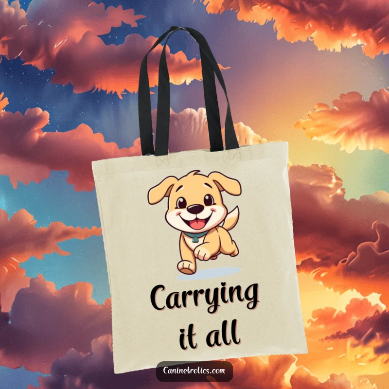 Funny tote bag featuring a dog character running with a happy grin and ears trailing, perfect for carrying essentials with a smile.