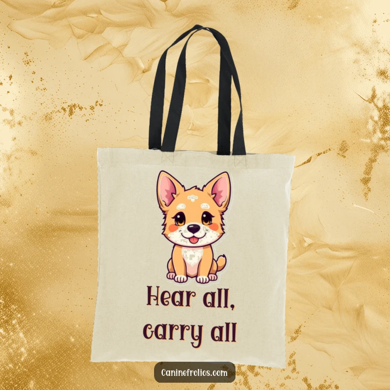 Funny tote bag with a canine character whose ears are perked, looking curious and playful, ready for any discovery.